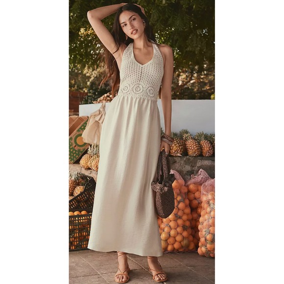LOFT Dresses & Skirts - LOFT Crochet Halter Midi Dress Polished Stone Beige 6P Petite NWT 38812910